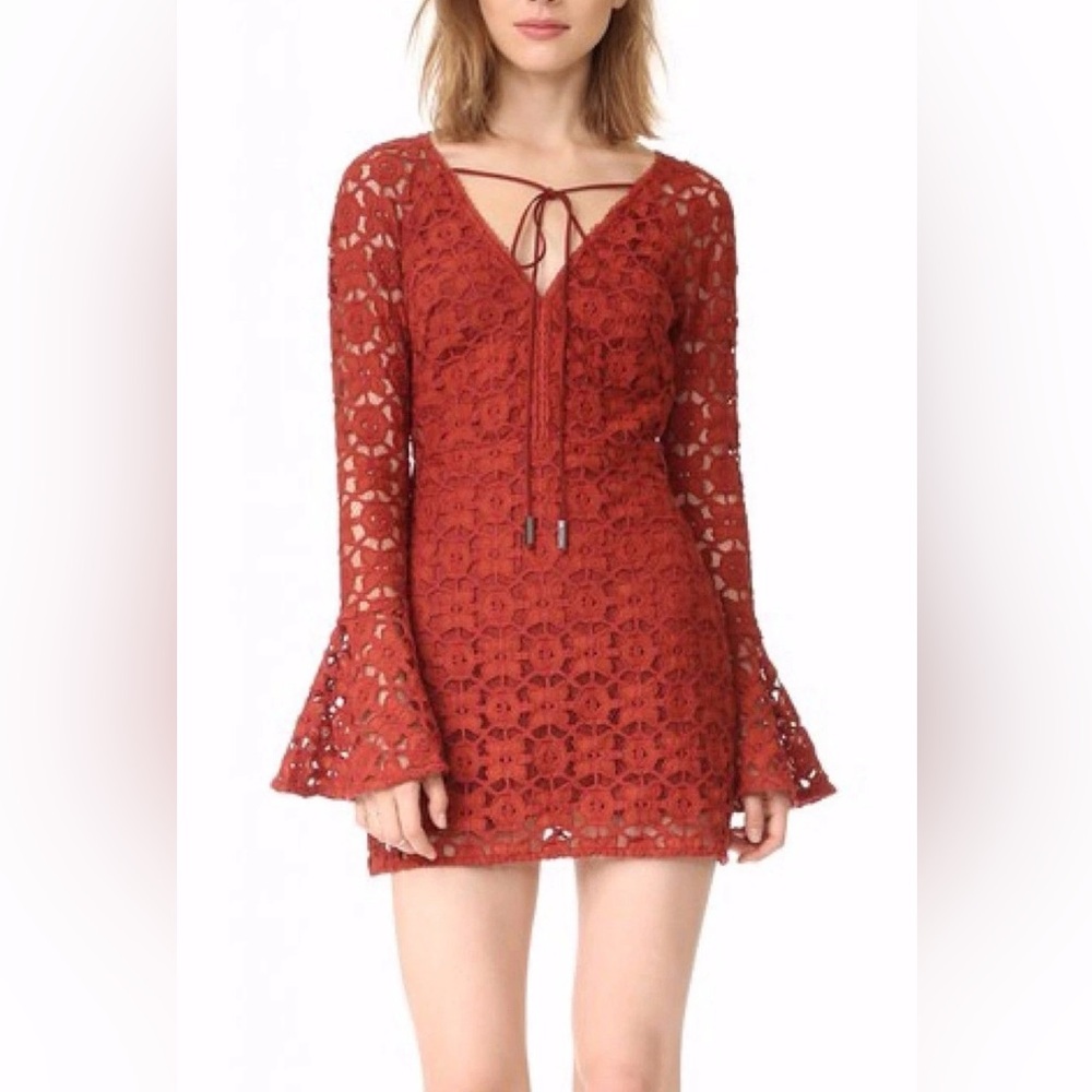 Free People Back to Black Terracotta Boho Lace Bell Sleeve Mini Dress Size 4
